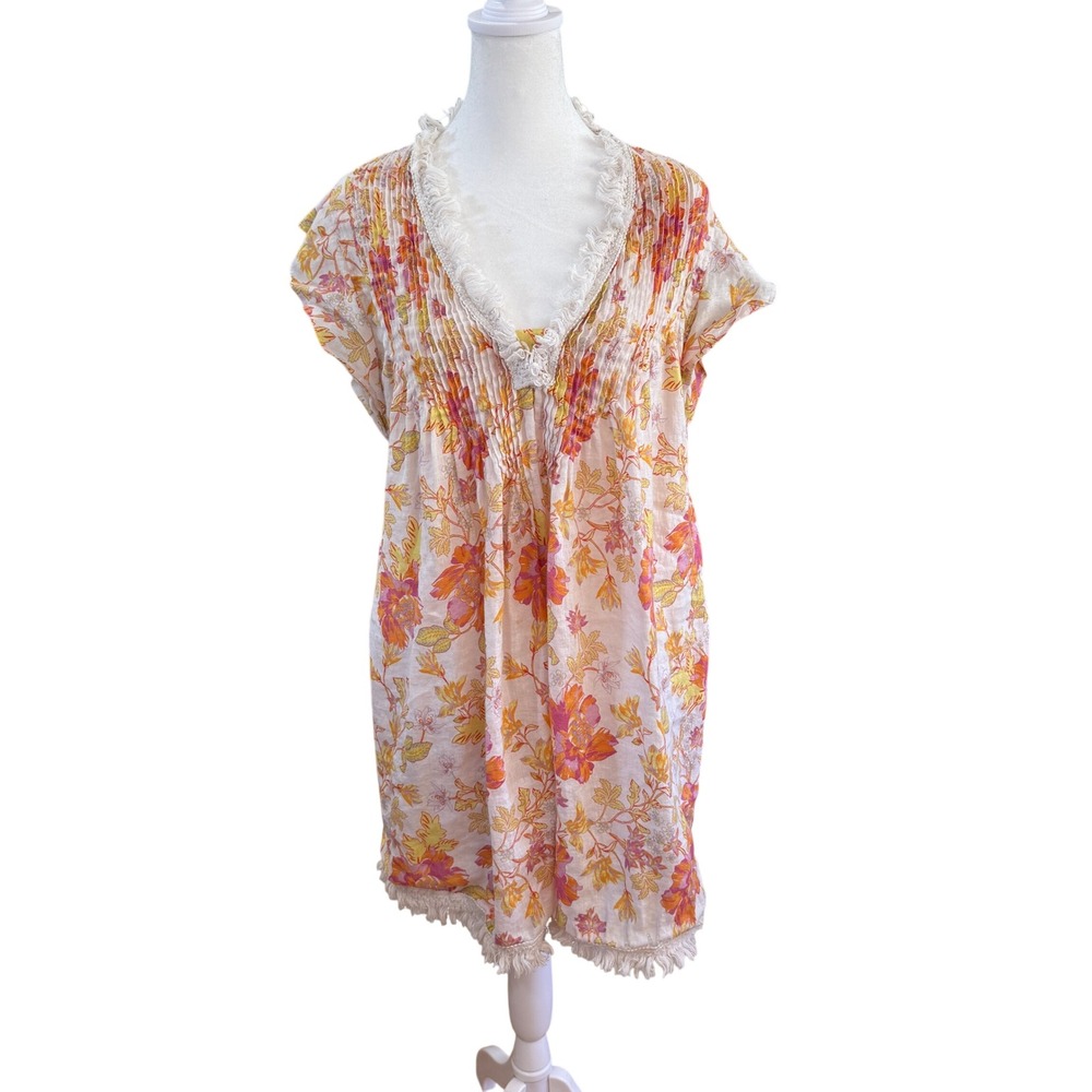 Boho Floral Pintuck Smocked Fringe Trim Tunic Dress XL Resort Cottagecore Beach